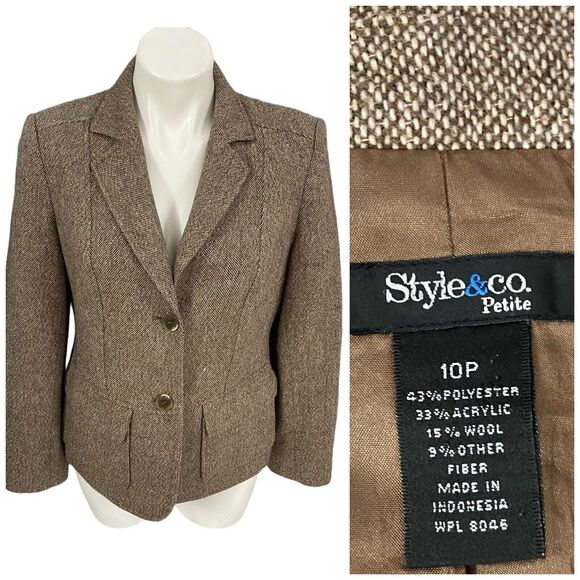 Style & Co Blazer Womens 10P Brown Tweed Preppy Jacket Work Office Casual - Picture 1 of 16